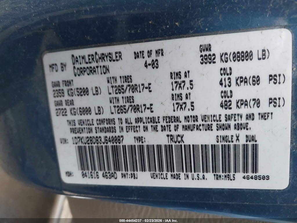 1D7KU28D83J640087 2003 DODGE RAM 2500 photo no. 9