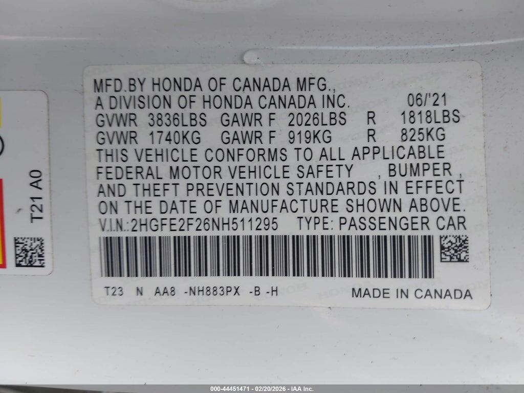 2HGFE2F26NH511295 2022 HONDA CIVIC photo no. 9