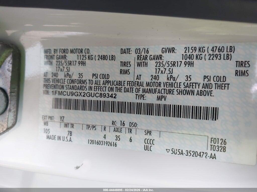 1FMCU9GX2GUC89342 2016 FORD ESCAPE photo no. 9