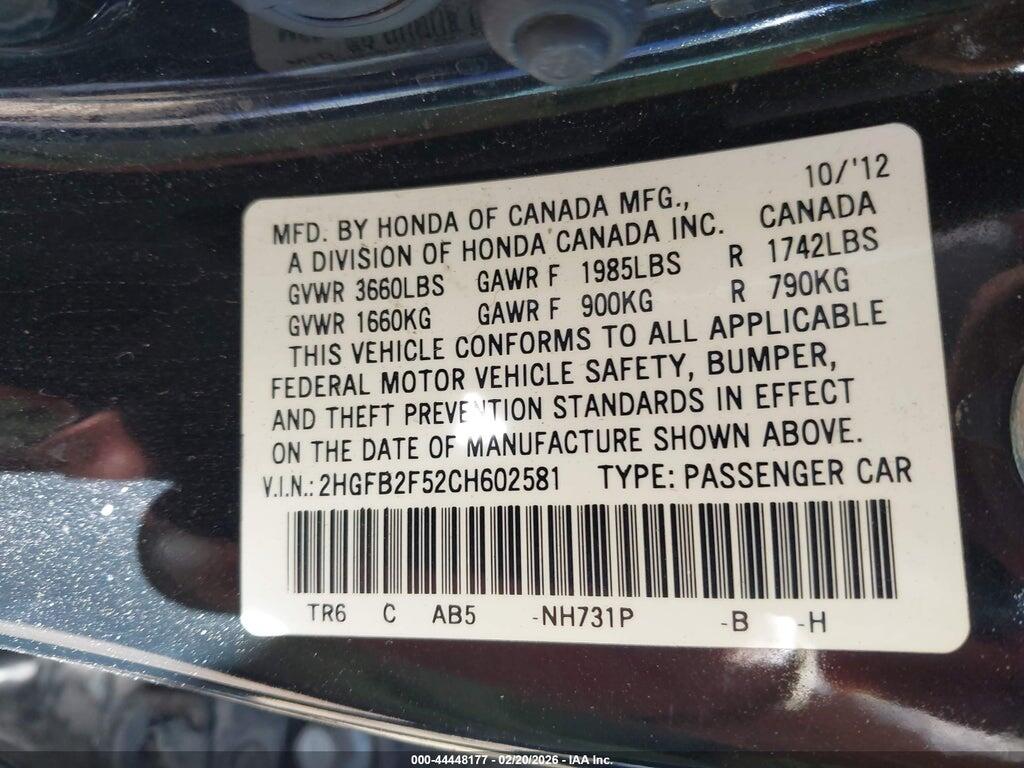 2HGFB2F52CH602581 2012 HONDA CIVIC photo no. 9