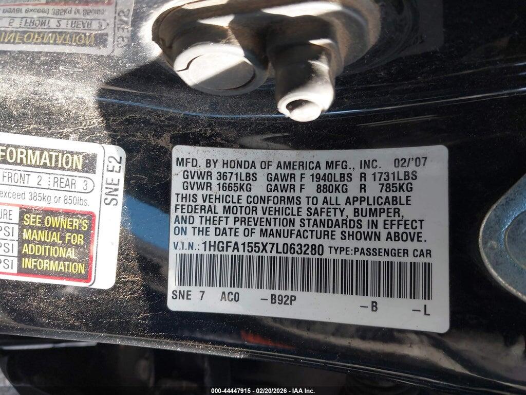1HGFA155X7L063280 2007 HONDA CIVIC photo no. 9