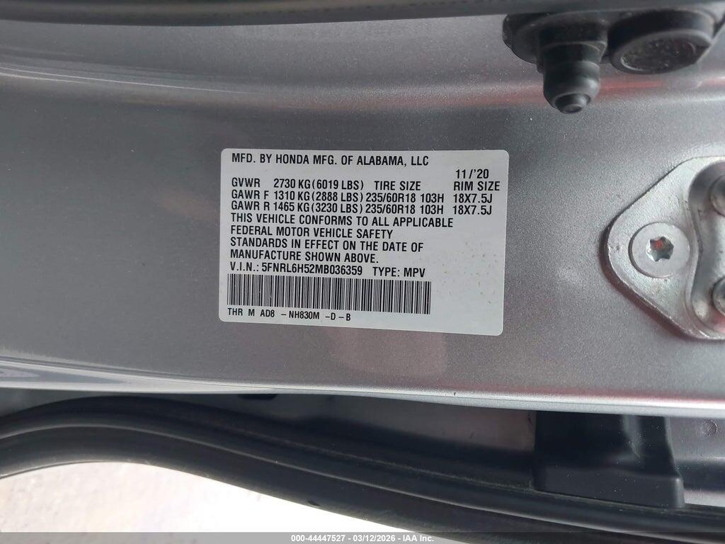 5FNRL6H52MB036359 2021 HONDA ODYSSEY photo no. 9