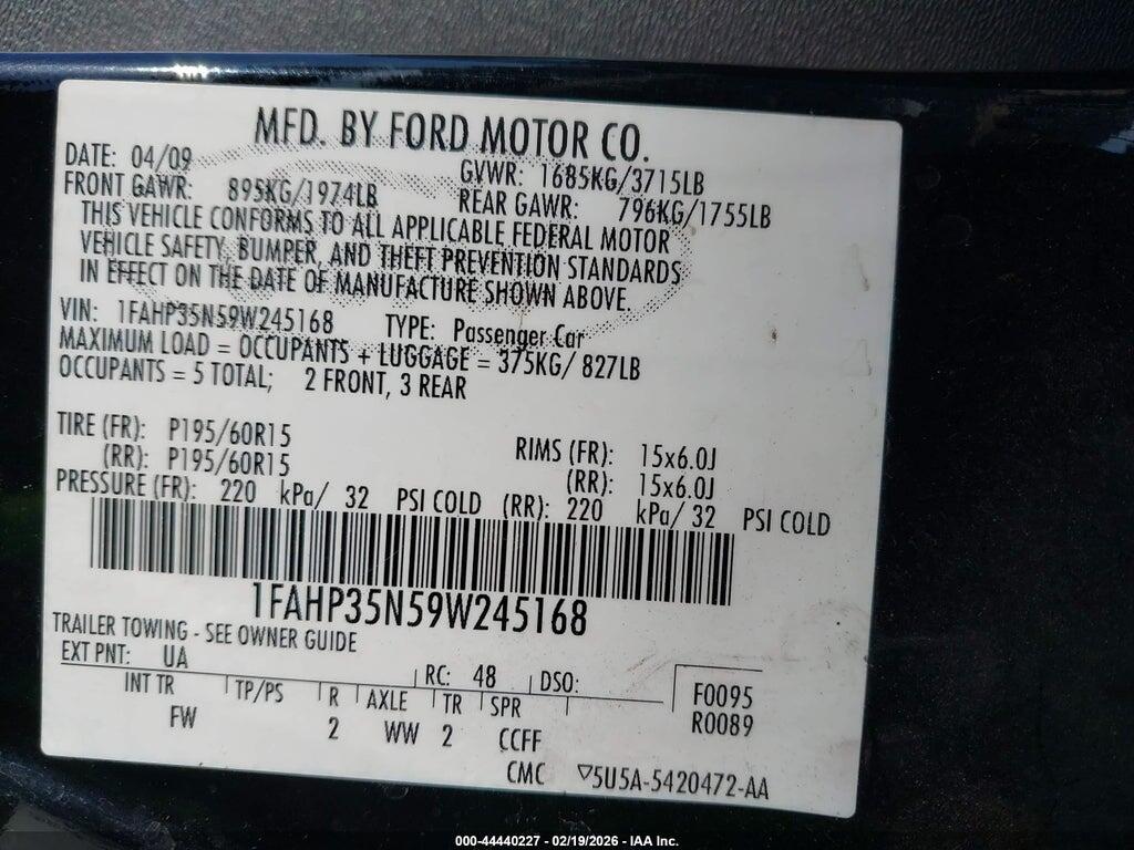 1FAHP35N59W245168 2009 FORD FOCUS photo no. 9