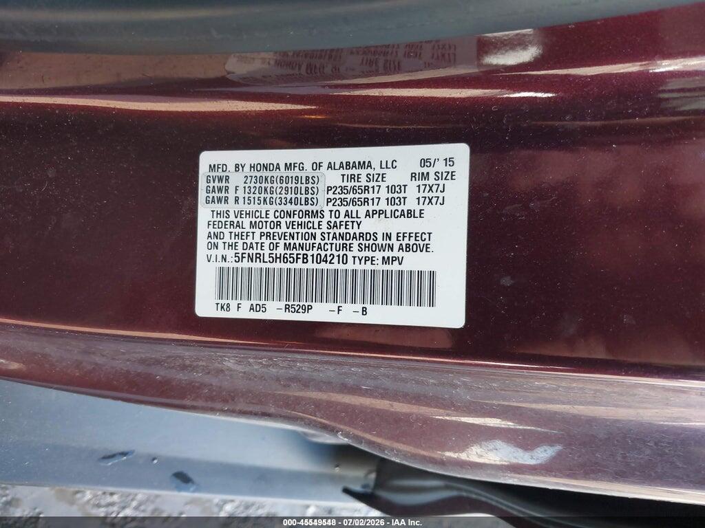 5FNRL5H65FB104210 2015 HONDA ODYSSEY photo no. 9
