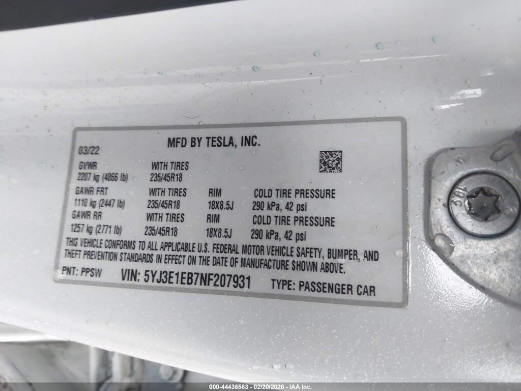 5YJ3E1EB7NF207931 2022 TESLA MODEL 3 photo no. 9