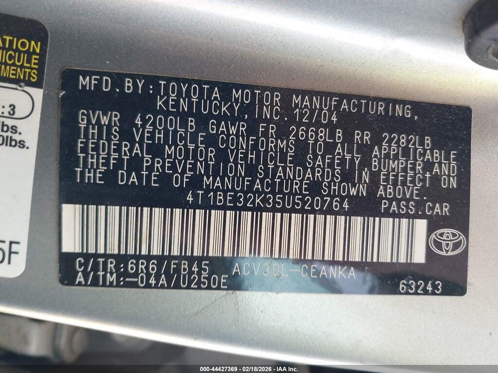 4T1BE32K35U520764 2005 TOYOTA CAMRY photo no. 9
