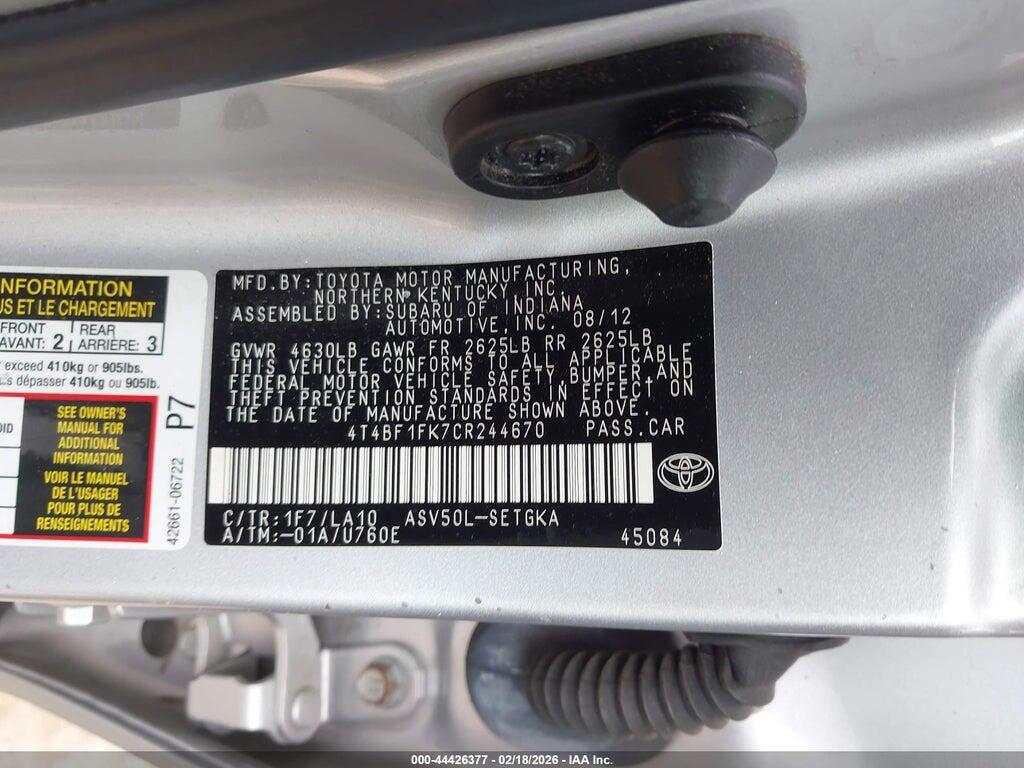 4T4BF1FK7CR244670 2012 TOYOTA CAMRY photo no. 9