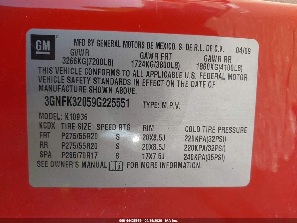 3GNFK32059G225551 2009 CHEVROLET AVALANCHE 1500 photo no. 9