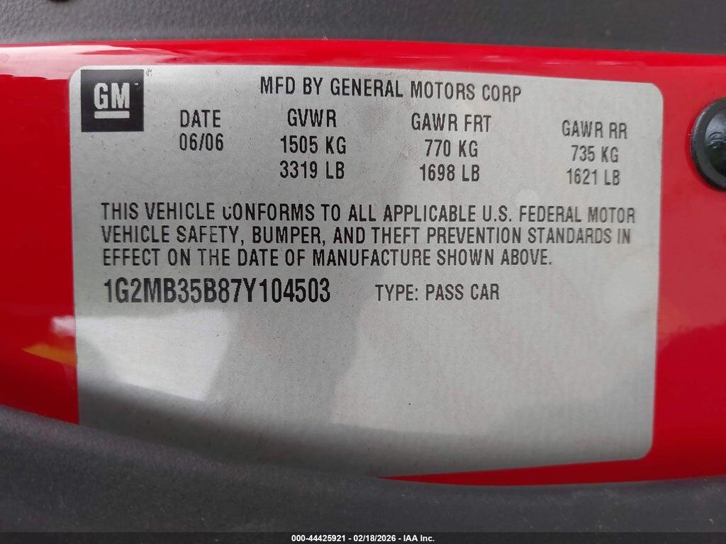 1G2MB35B87Y104503 2007 PONTIAC SOLSTICE photo no. 9