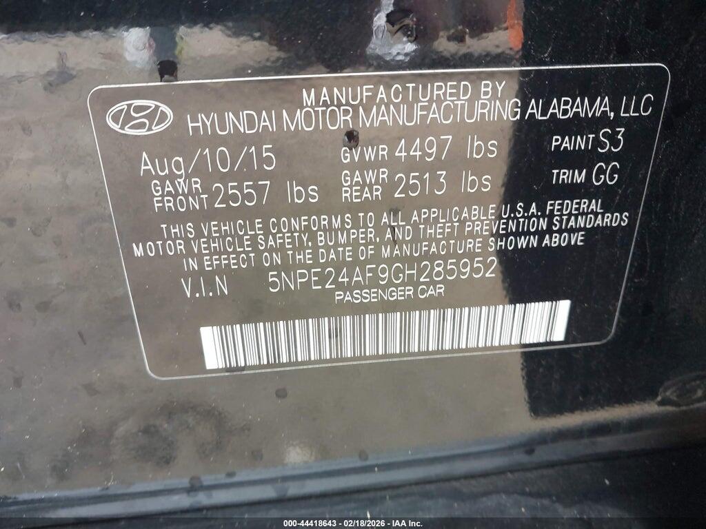 5NPE24AF9GH285952 2016 HYUNDAI SONATA photo no. 9