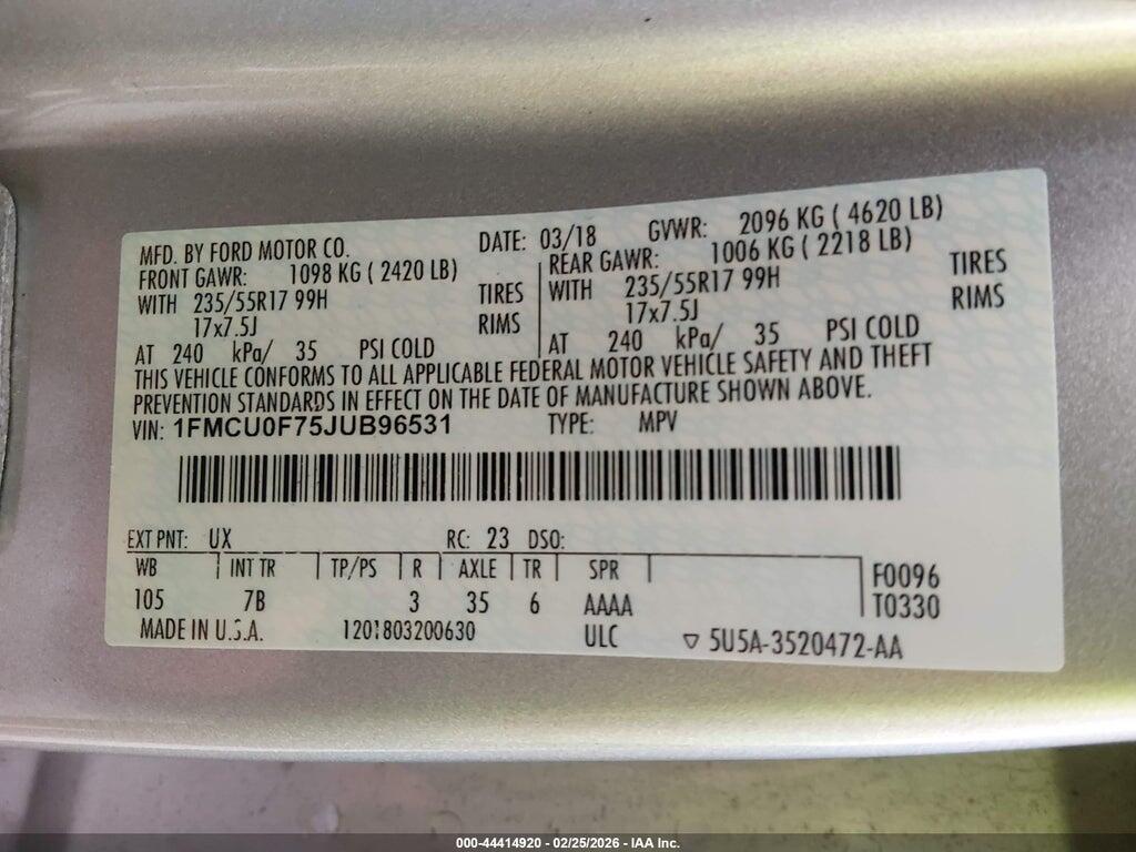 1FMCU0F75JUB96531 2018 FORD ESCAPE photo no. 9