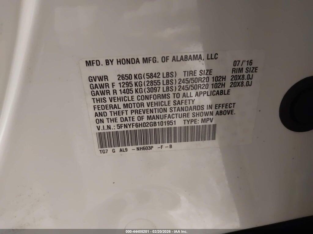 5FNYF6H02GB101951 2016 HONDA PILOT photo no. 9