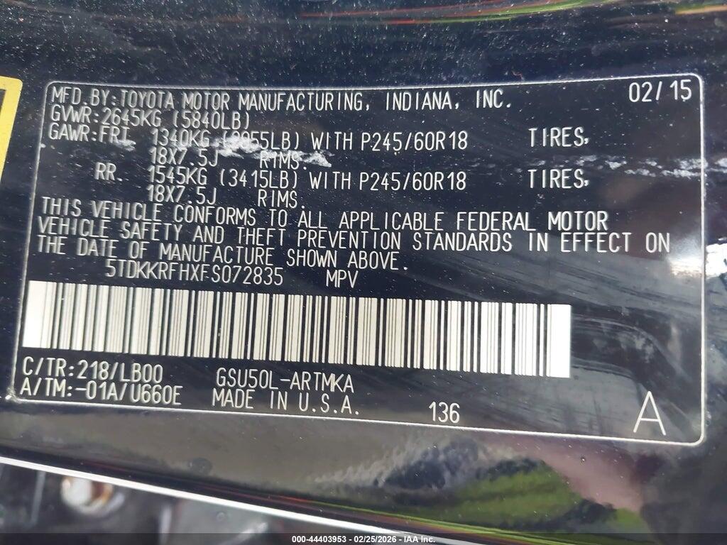 5TDKKRFHXFS072835 2015 TOYOTA HIGHLANDER photo no. 9