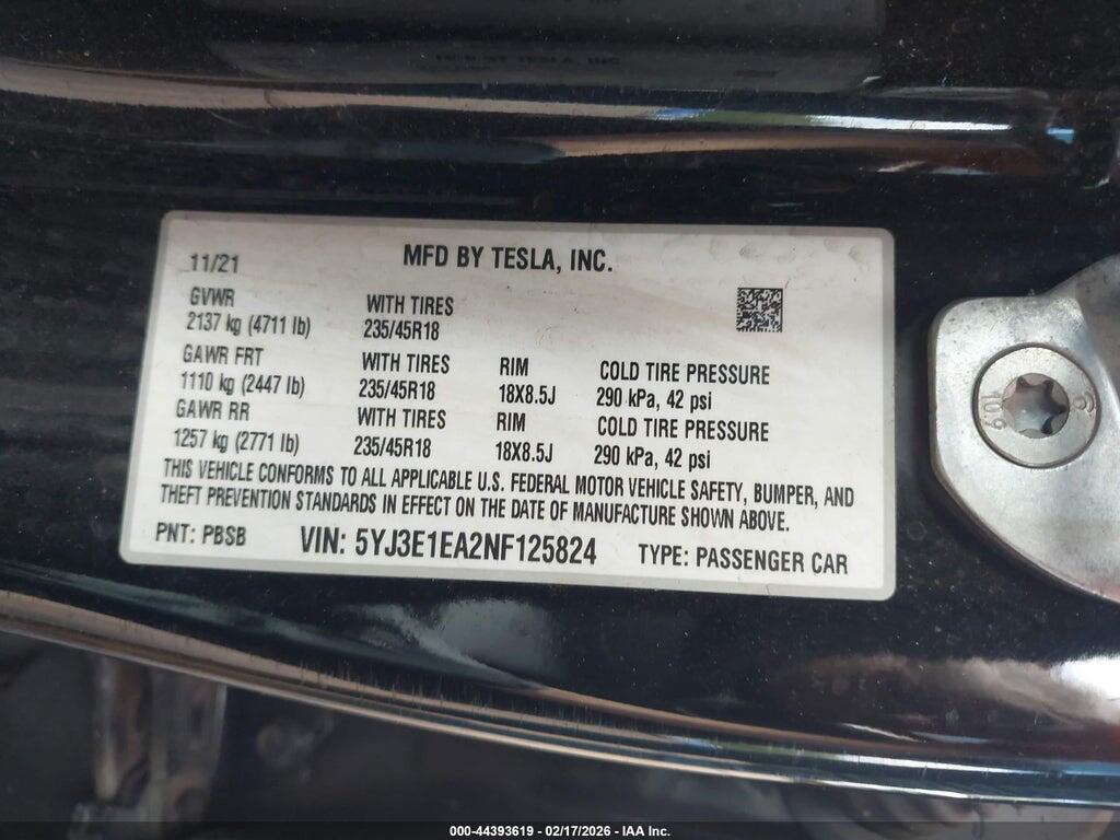5YJ3E1EA2NF125824 2022 TESLA MODEL 3 photo no. 9