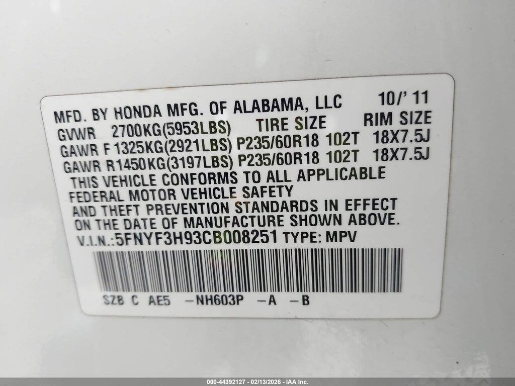 5FNYF3H93CB008251 2012 HONDA PILOT photo no. 9