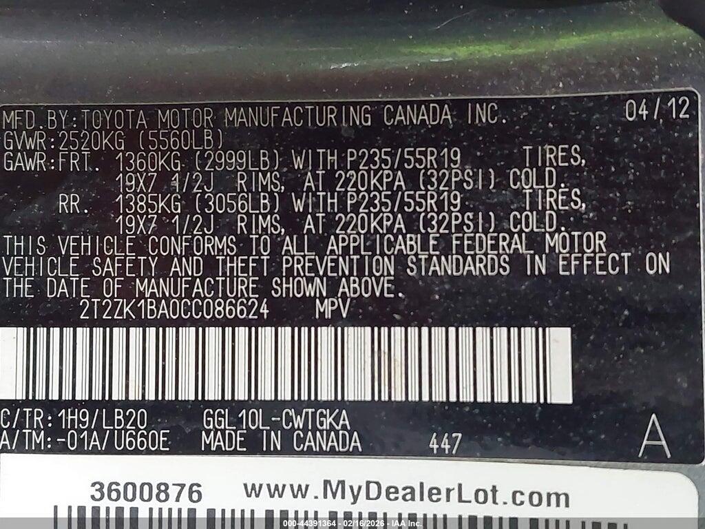 2T2ZK1BA0CC086624 2012 LEXUS RX 350 photo no. 9