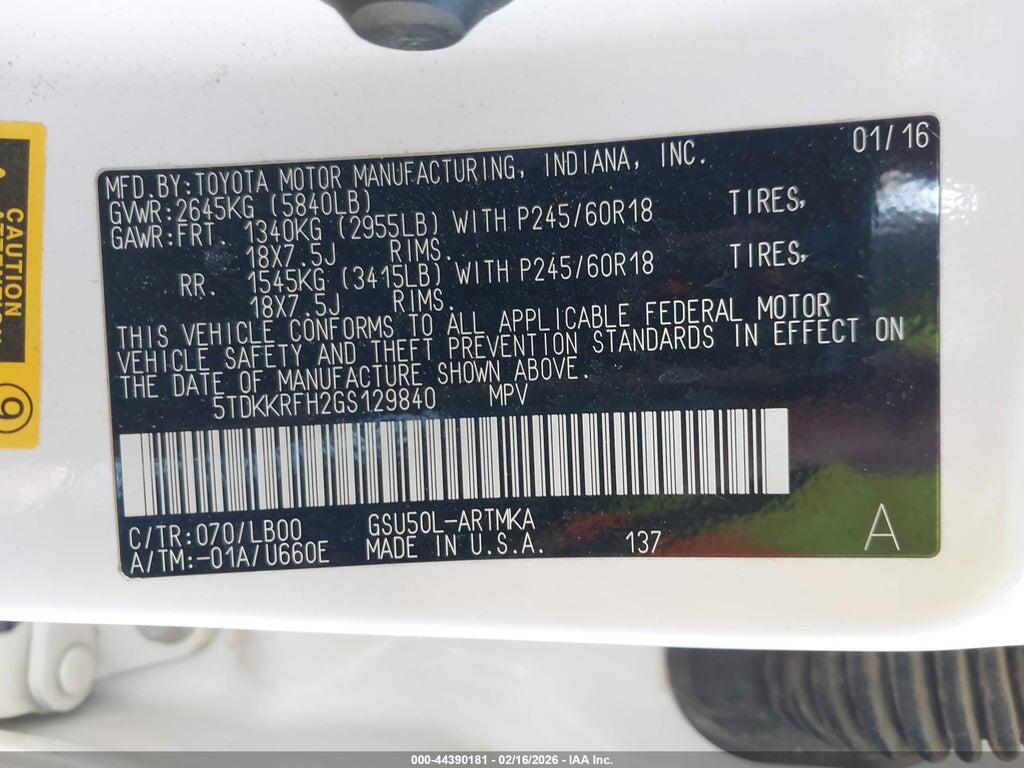 5TDKKRFH2GS129840 2016 TOYOTA HIGHLANDER photo no. 9