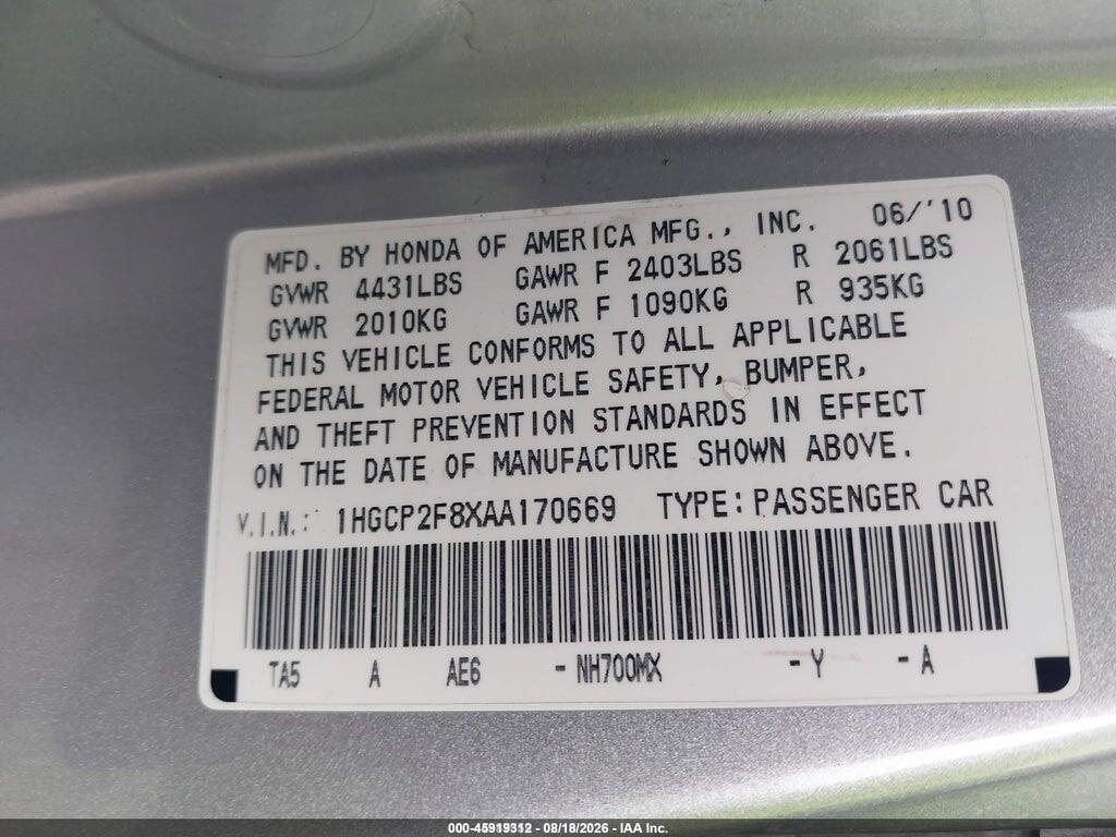 1HGCP2F8XAA170669 2010 HONDA ACCORD photo no. 9