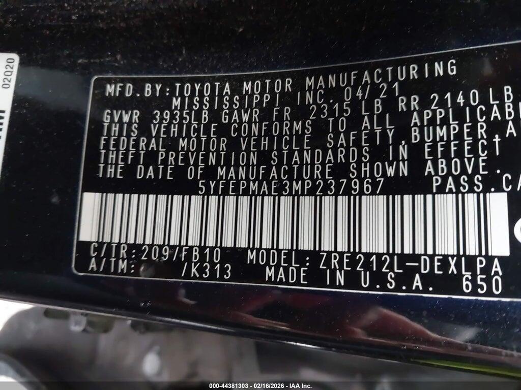 5YFEPMAE3MP237967 2021 TOYOTA COROLLA photo no. 9