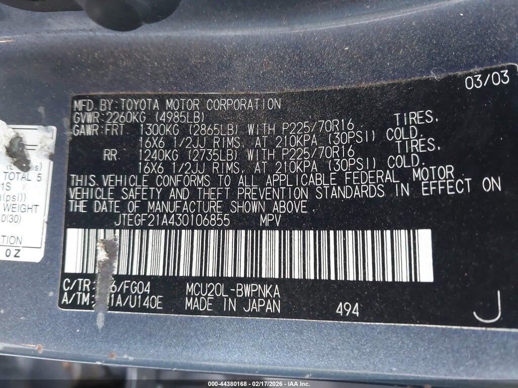 JTEGF21A430106855 2003 TOYOTA HIGHLANDER photo no. 9
