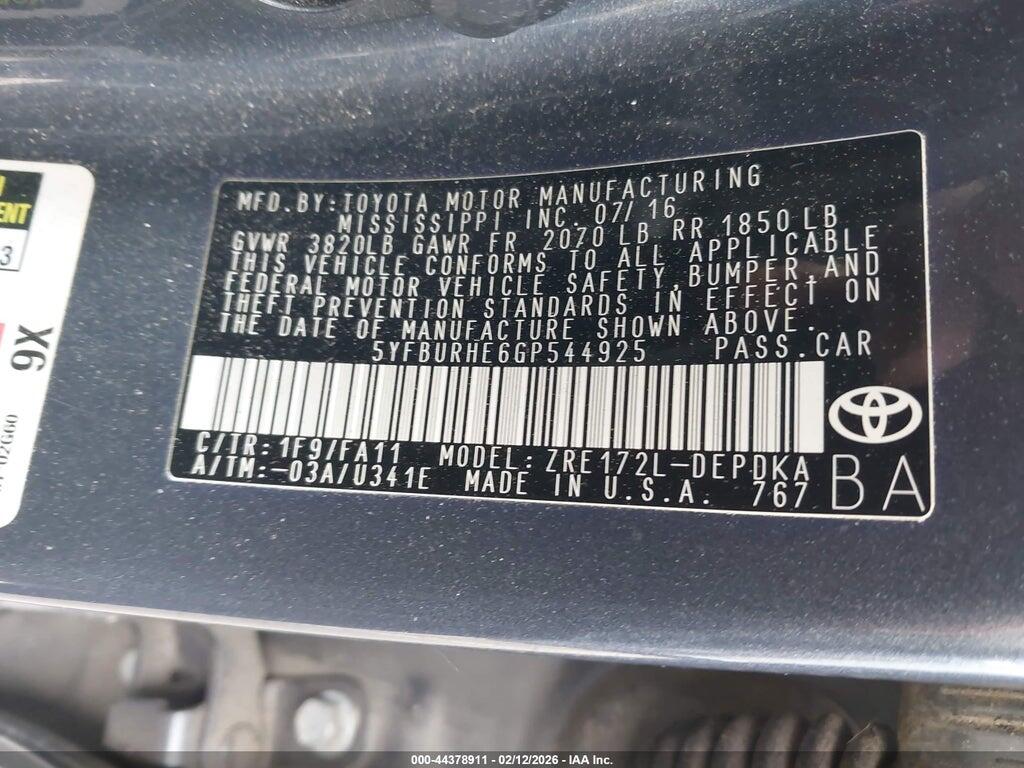 5YFBURHE6GP544925 2016 TOYOTA COROLLA photo no. 9