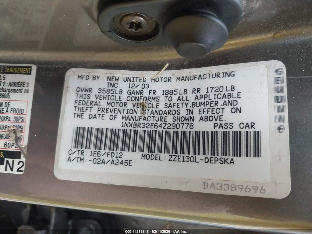 1NXBR32E64Z290778 2004 TOYOTA COROLLA photo no. 9
