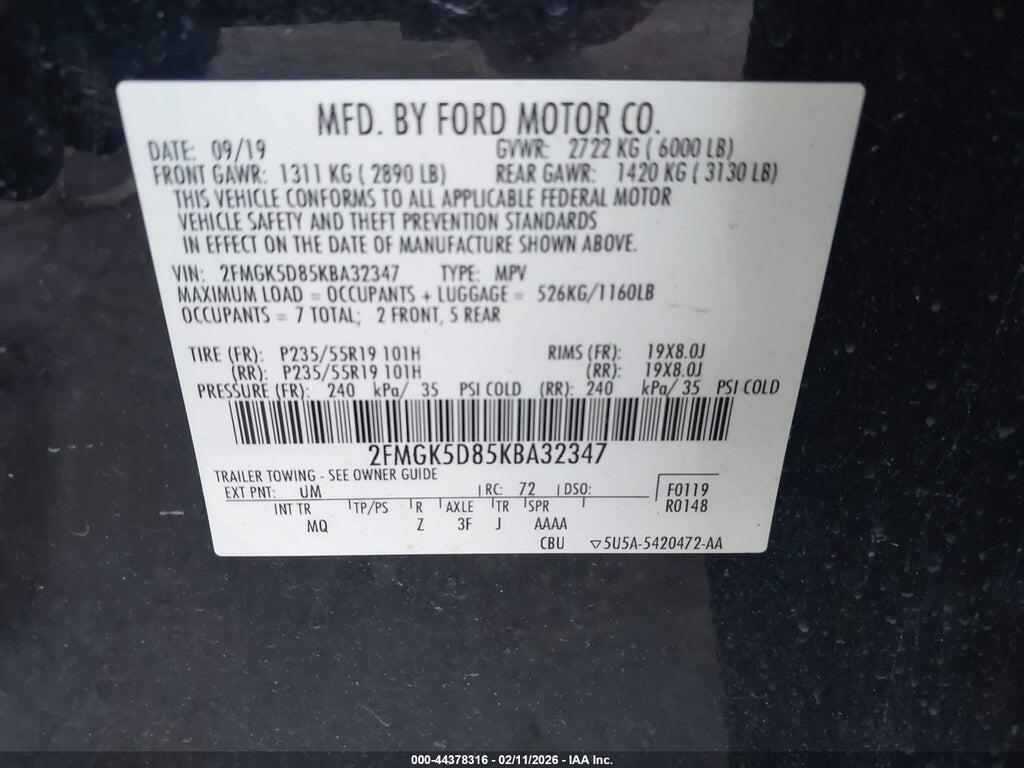 2FMGK5D85KBA32347 2019 FORD FLEX photo no. 9