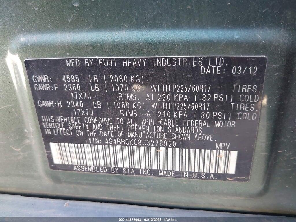 4S4BRCKC8C3276920 2012 SUBARU OUTBACK photo no. 9