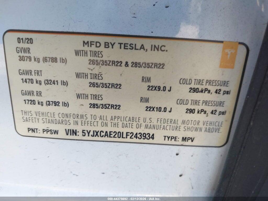 5YJXCAE20LF243934 2020 TESLA MODEL X photo no. 9