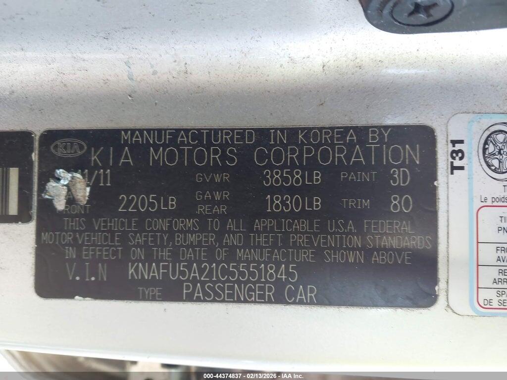KNAFU5A21C5551845 2012 KIA FORTE photo no. 9