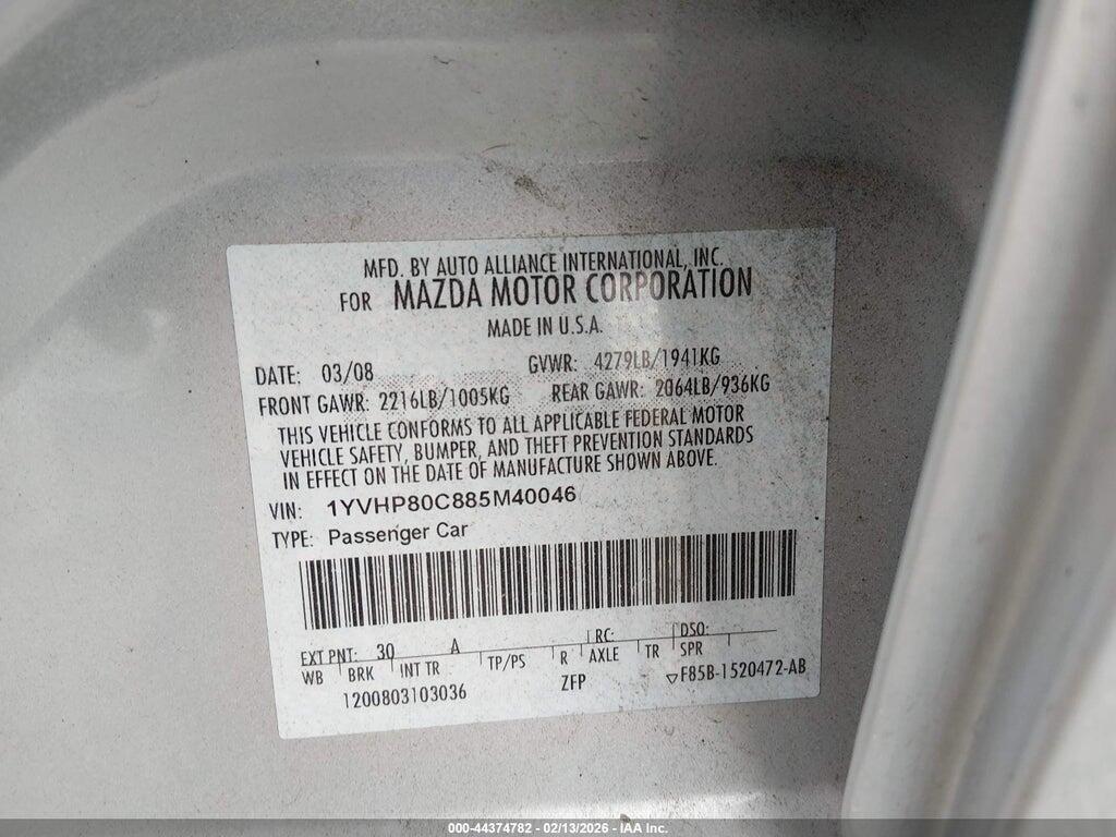 1YVHP80C885M40046 2008 MAZDA MAZDA6 photo no. 9