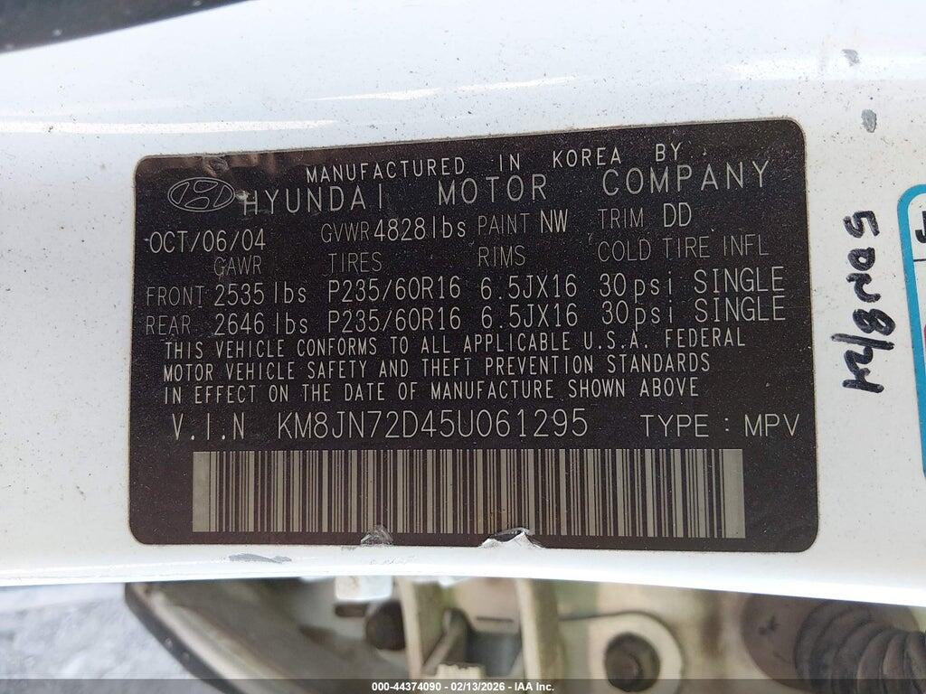 KM8JN72D45U061295 2005 HYUNDAI TUCSON photo no. 9