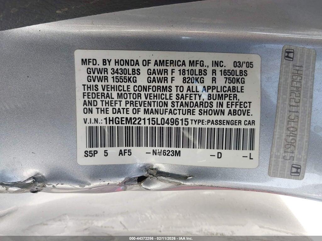 1HGEM22115L049615 2005 HONDA CIVIC photo no. 9