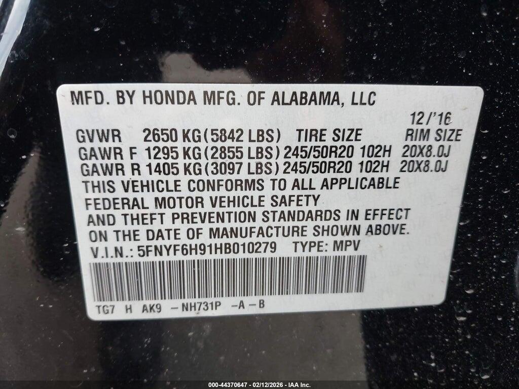 5FNYF6H91HB010279 2017 HONDA PILOT photo no. 9