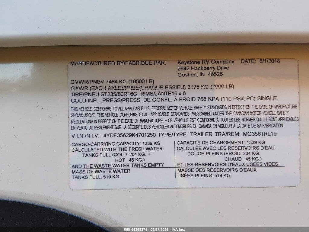 4YDF35629K4701250 2019 KEYSTONE ANNIVERSARY 5TH WHEEL photo no. 9
