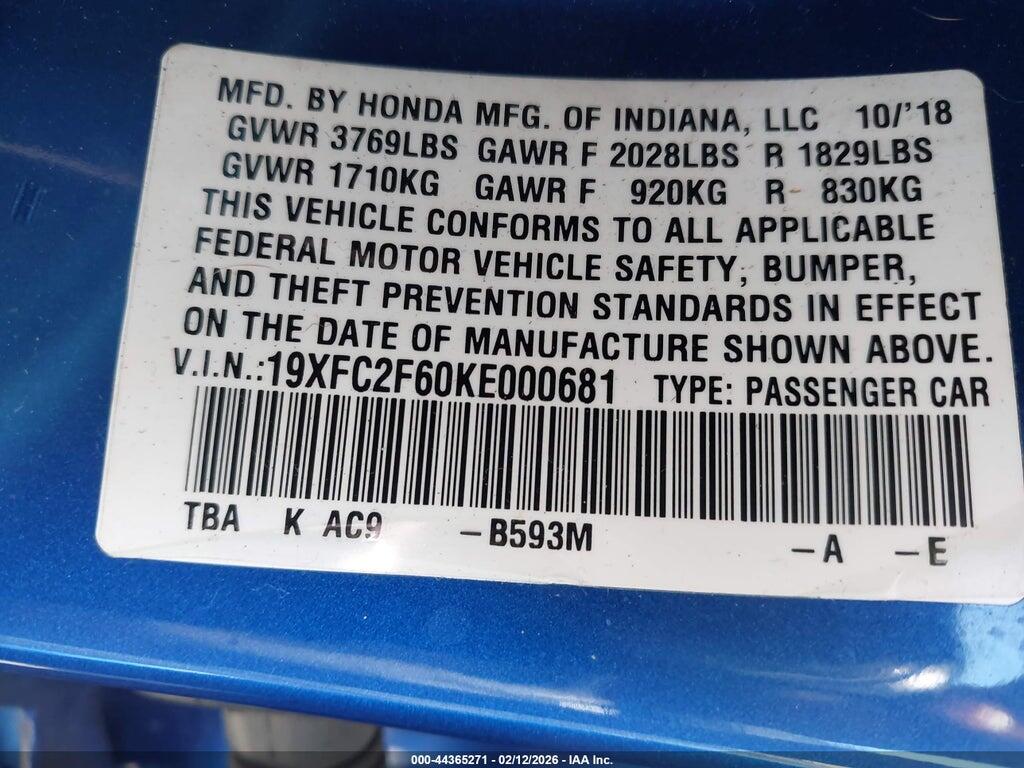 19XFC2F60KE000681 2019 HONDA CIVIC photo no. 9