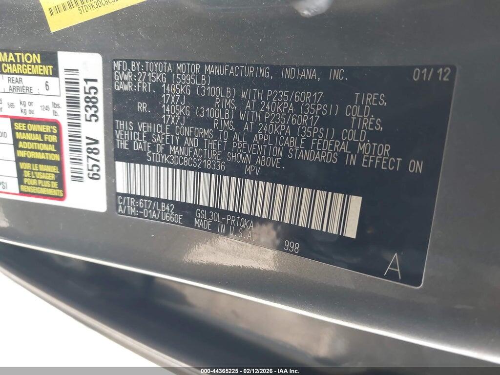 5TDYK3DC8CS218336 2012 TOYOTA SIENNA photo no. 9
