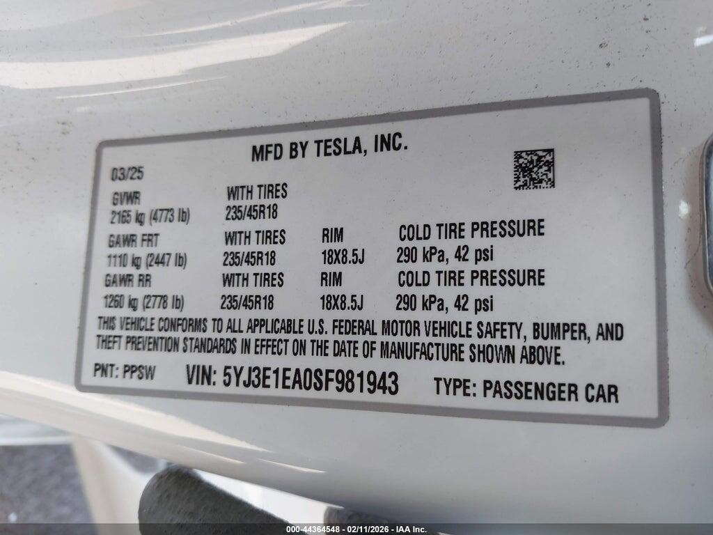 5YJ3E1EA0SF981943 2025 TESLA MODEL 3 photo no. 9