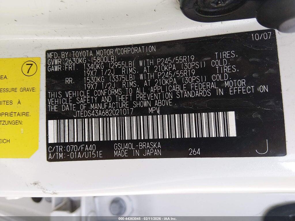 JTEDS43A682021017 2008 TOYOTA HIGHLANDER photo no. 9