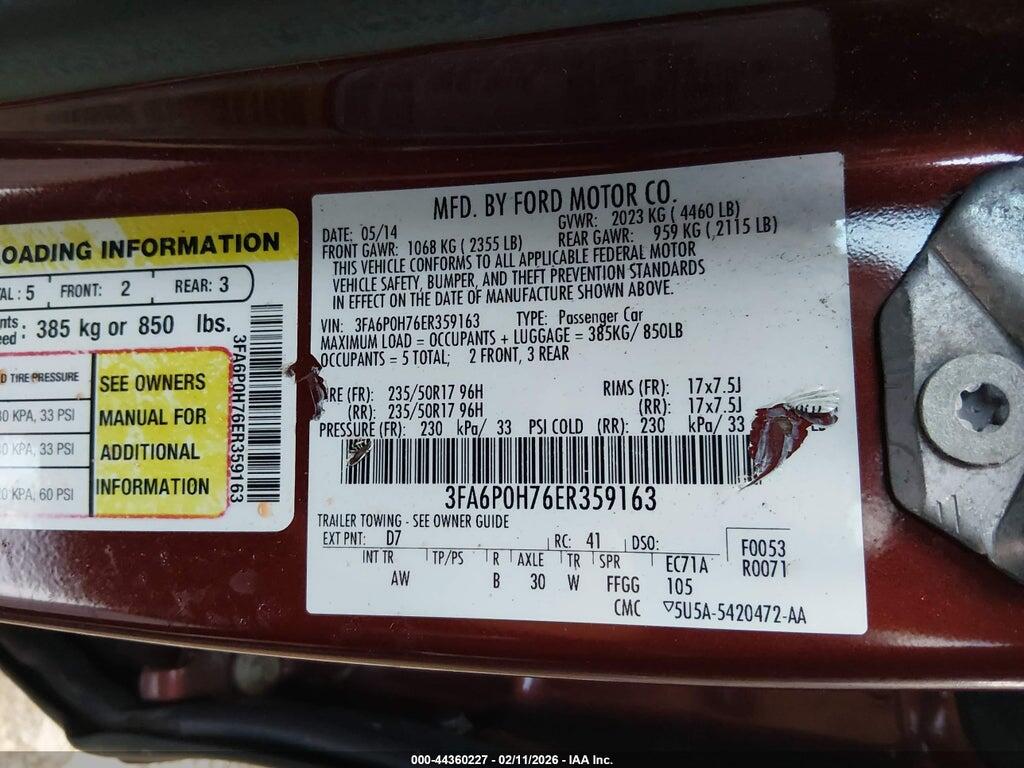 3FA6P0H76ER359163 2014 FORD FUSION photo no. 9