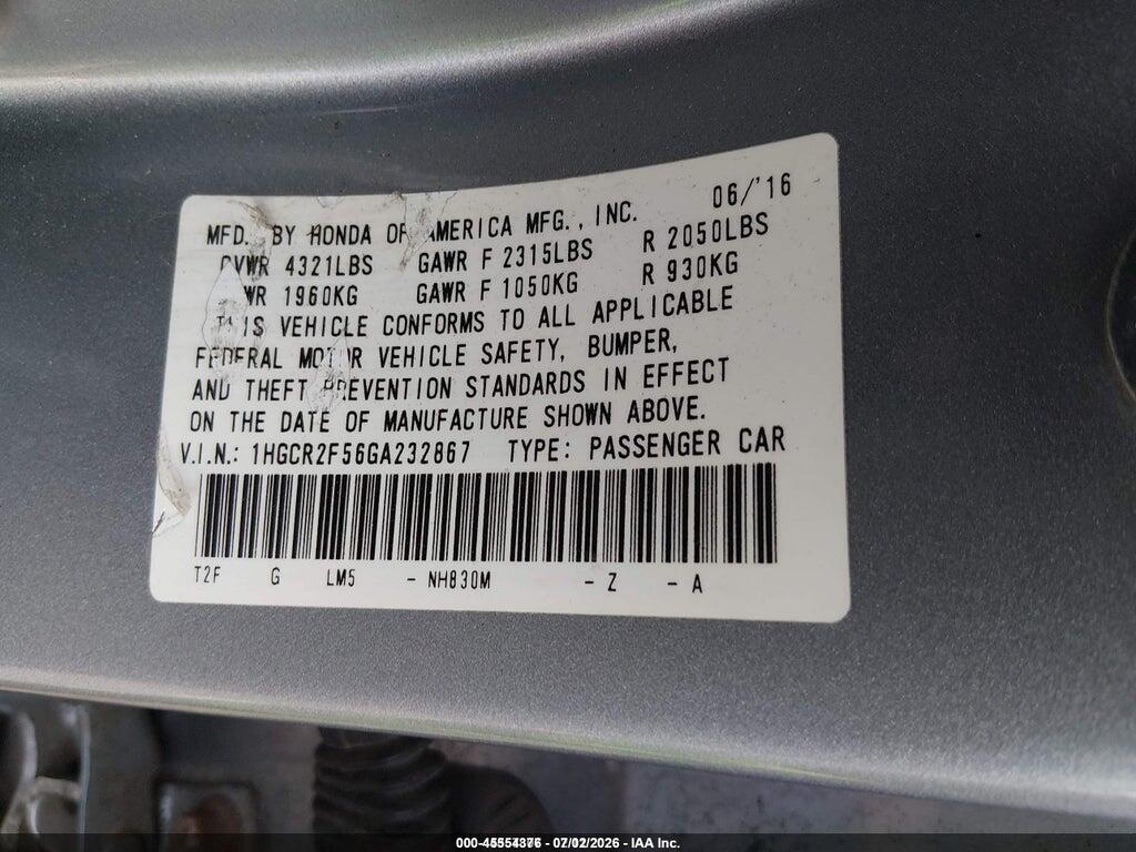 1HGCR2F56GA232867 2016 HONDA ACCORD photo no. 9