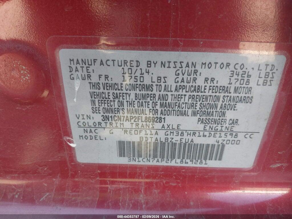 3N1CN7AP2FL869281 2015 NISSAN VERSA photo no. 9