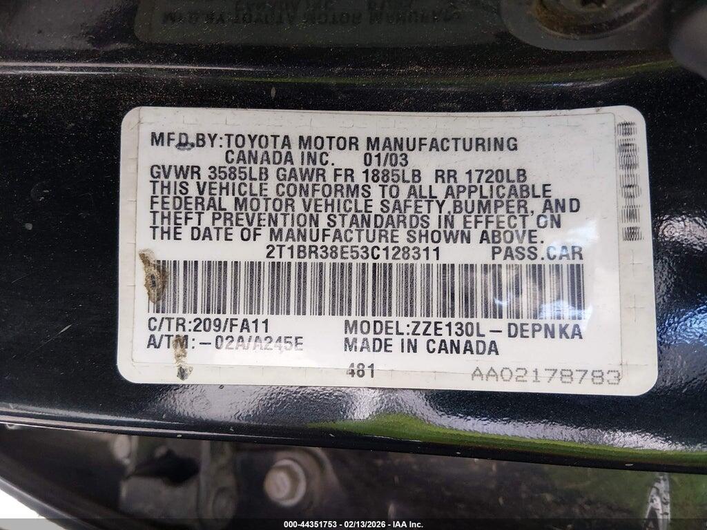 2T1BR38E53C128311 2003 TOYOTA COROLLA photo no. 9
