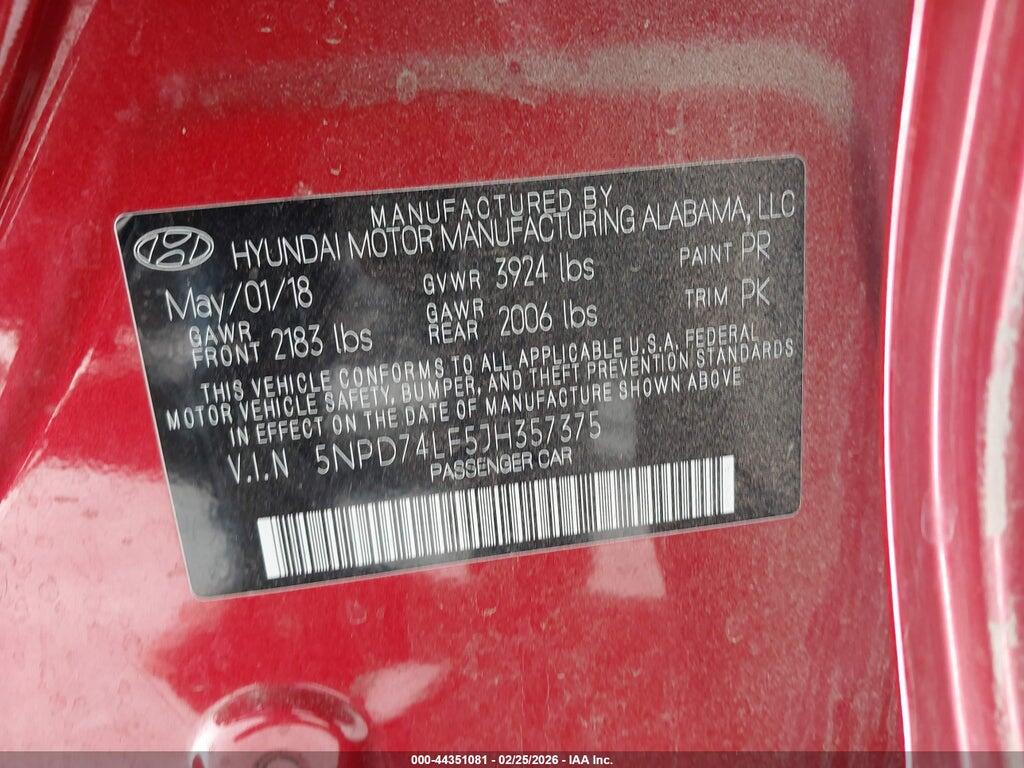 5NPD74LF5JH357375 2018 HYUNDAI ELANTRA photo no. 9