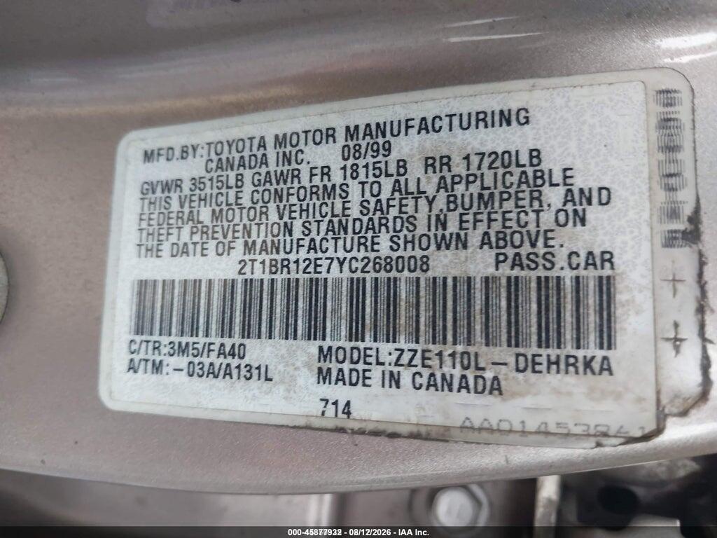 2T1BR12E7YC268008 2000 TOYOTA COROLLA photo no. 9