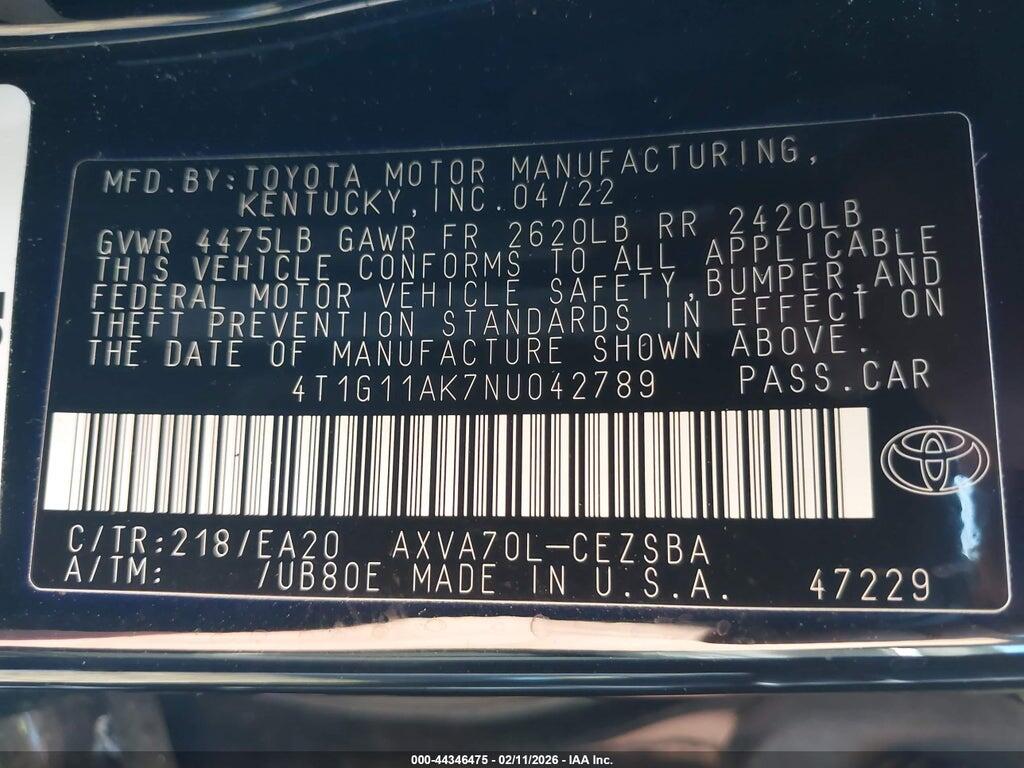 4T1G11AK7NU042789 2022 TOYOTA CAMRY photo no. 9