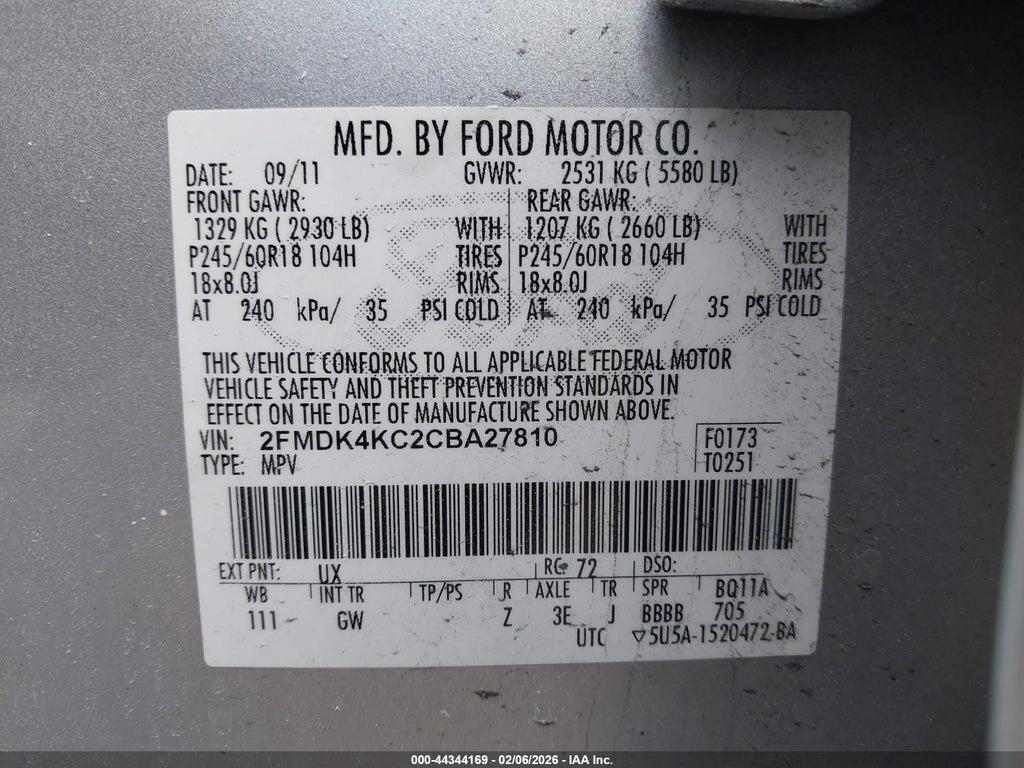 2FMDK4KC2CBA27810 2012 FORD EDGE photo no. 9