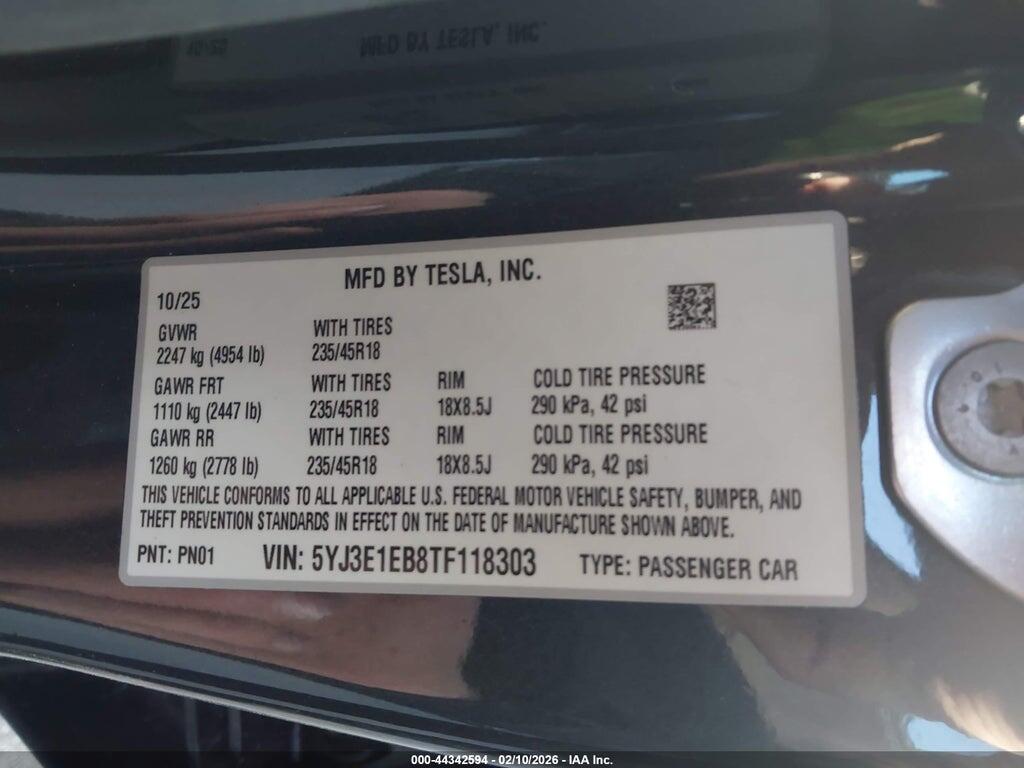 5YJ3E1EB8TF118303 2026 TESLA MODEL 3 photo no. 9