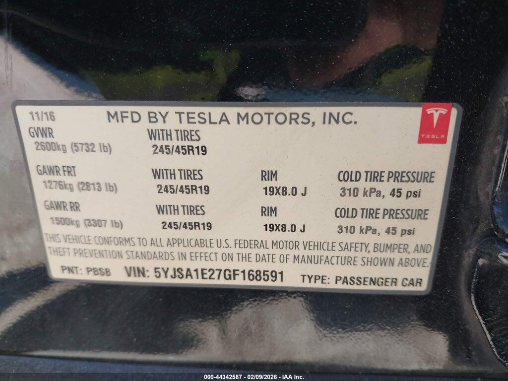 5YJSA1E27GF168591 2016 TESLA MODEL S photo no. 9