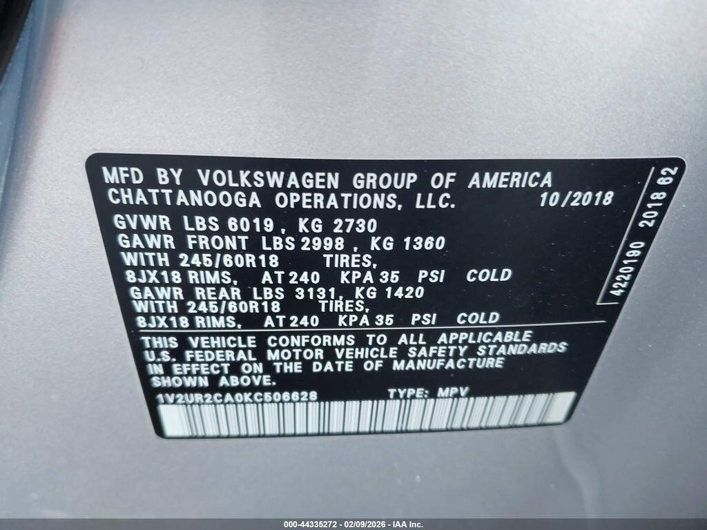 1V2UR2CA0KC506628 2019 VOLKSWAGEN ATLAS photo no. 9